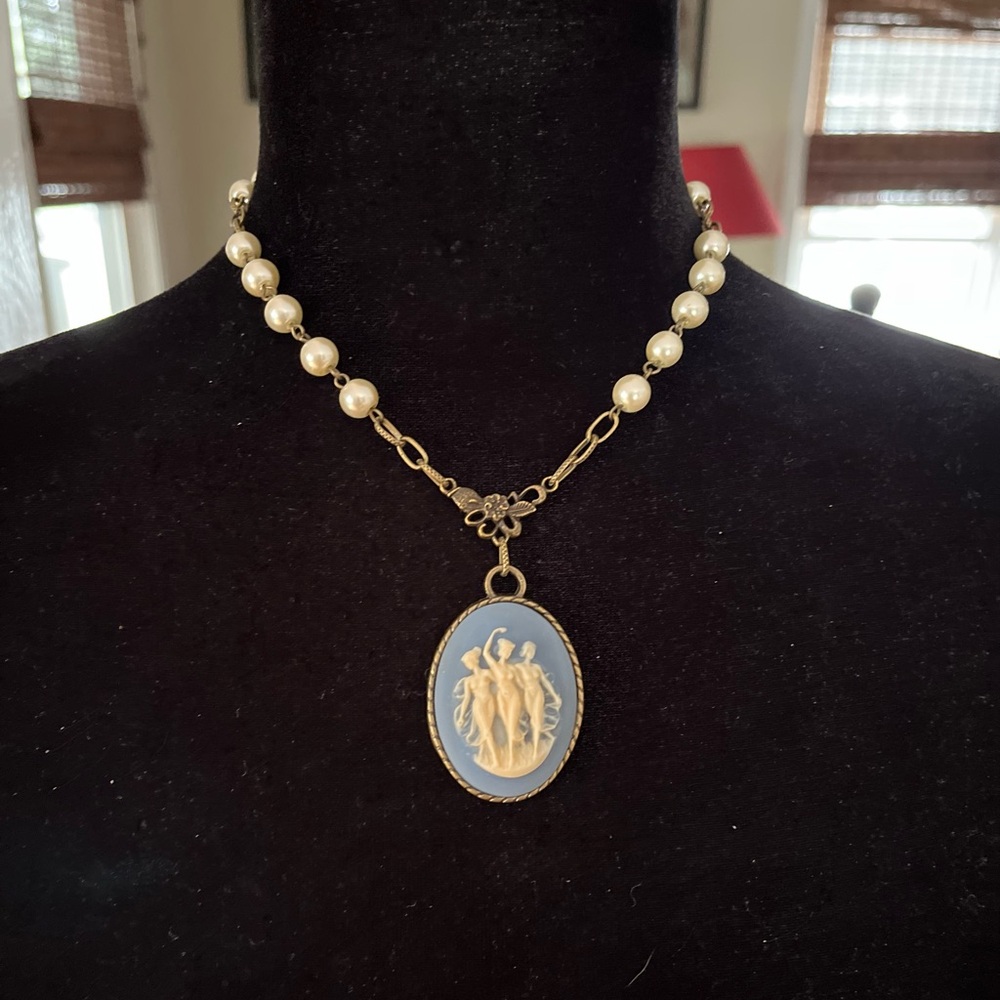Vintage Wedgwood Blue Style 3 Graces Muses Victorian Style Cameo Necklace